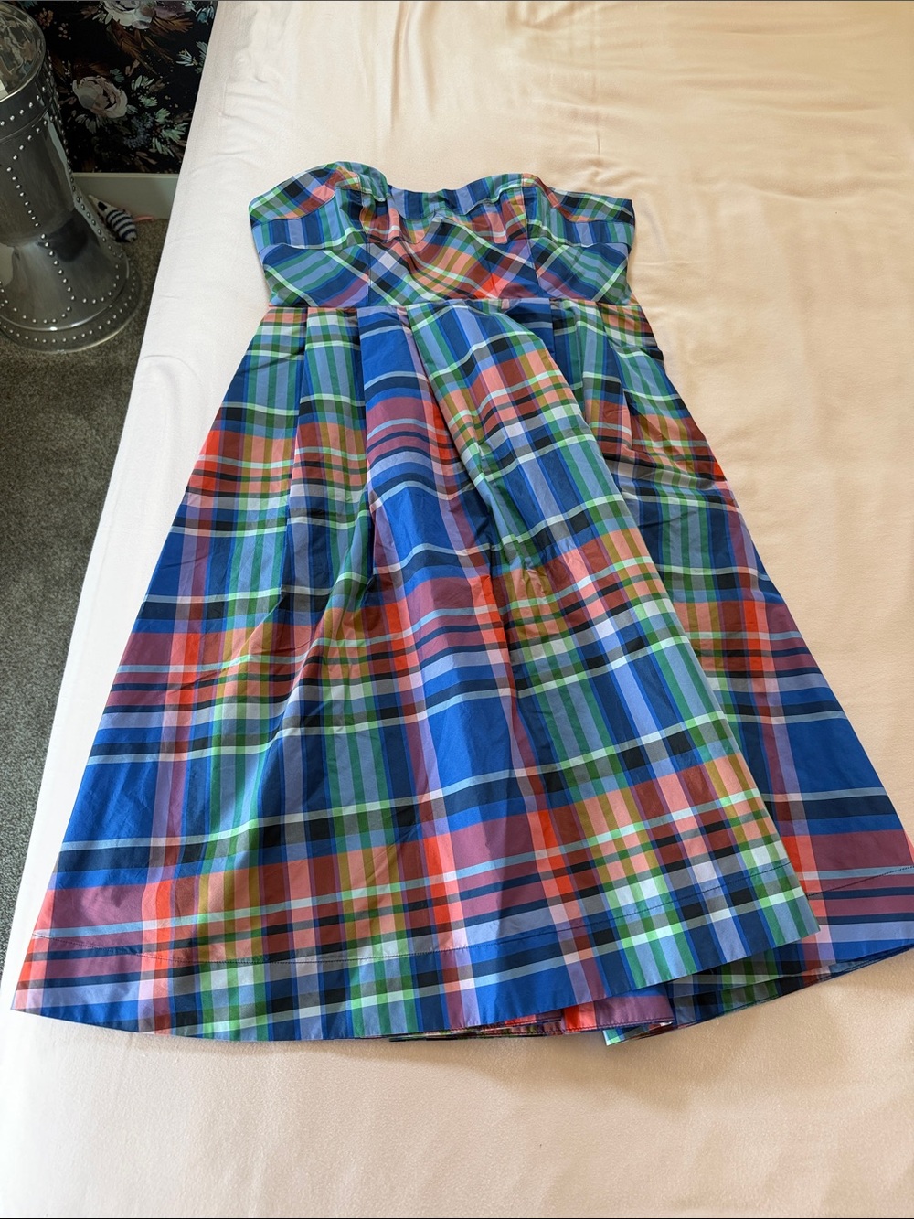 Maeve Strapless Plaid Dress in Blue, Green, and Red
